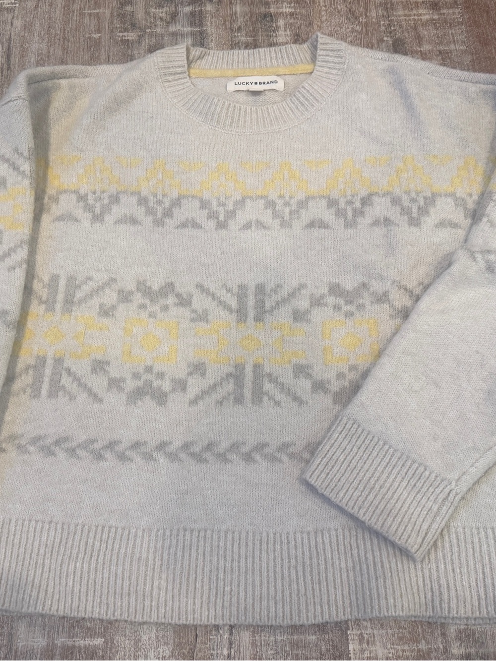 Lucky Brand Pastel Fair Isle Geometric Crewneck Sweater M Grey Yellow